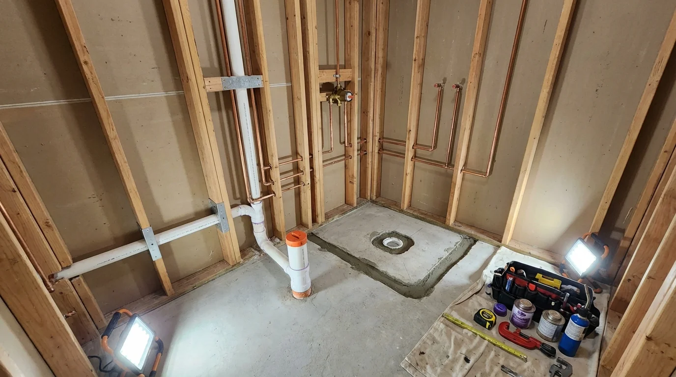 Bathroom rough-in plumbing during remodel by Johns Plumbing LLC in East Aurora