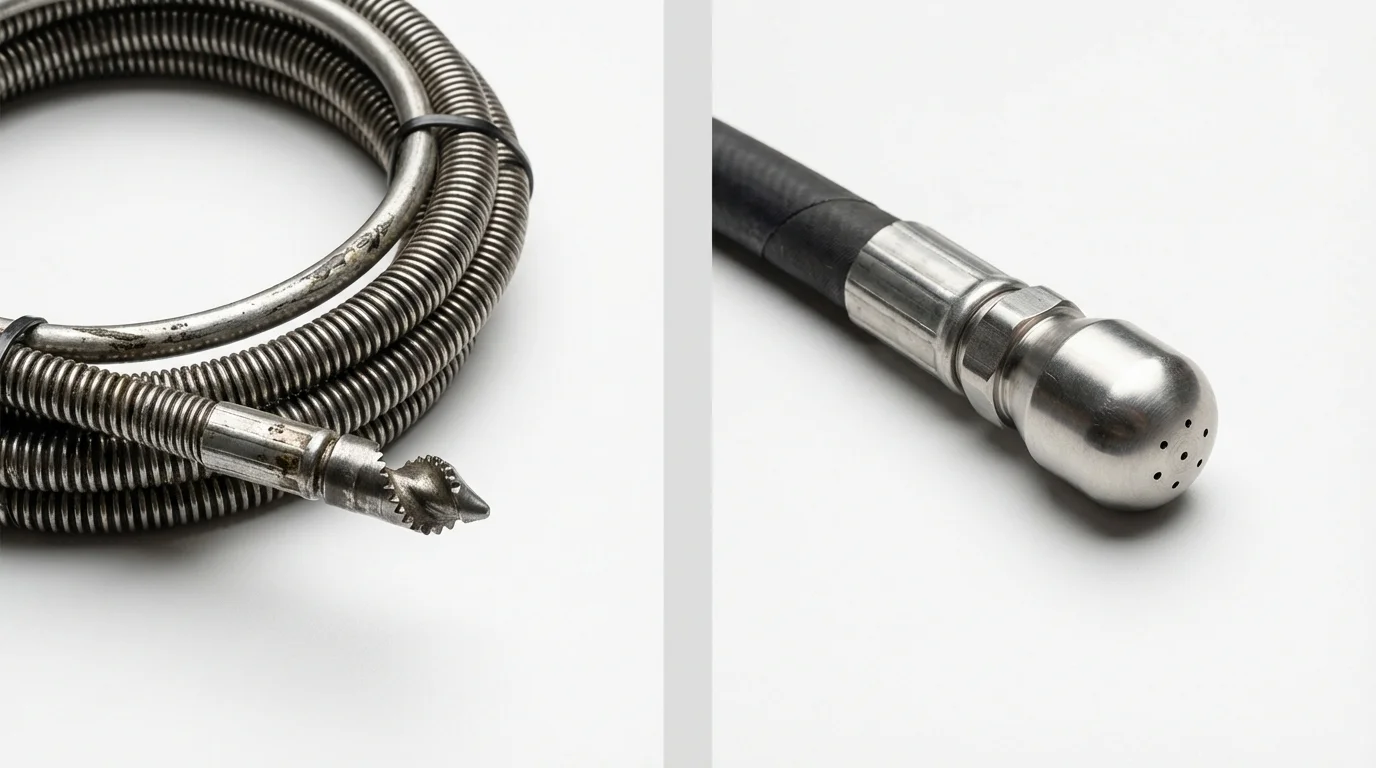 Drain snake cable and hydro jetting nozzle used for drain cleaning in East Aurora, NY