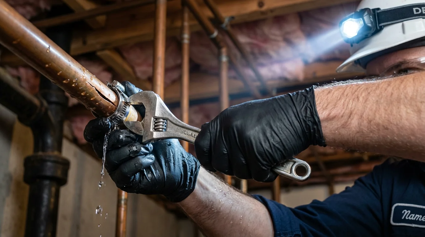 Emergency pipe clamp repair being performed by a Johns Plumbing LLC plumber in East Aurora