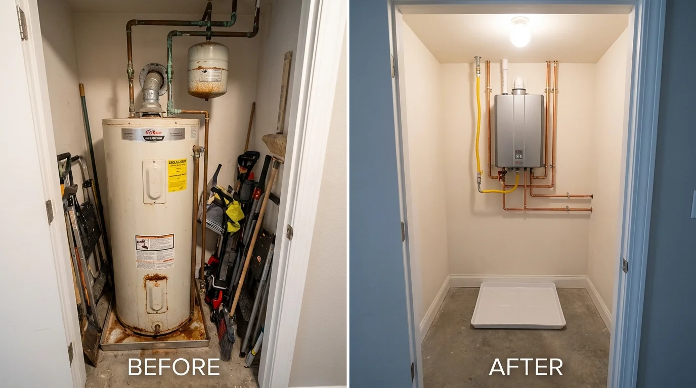 Tank water heater versus wall-mounted tankless unit comparison for East Aurora, NY homeowners
