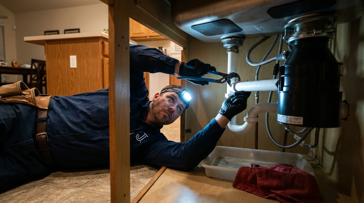 P-trap and supply line connections under a kitchen sink showing a common leak point in East Aurora, NY